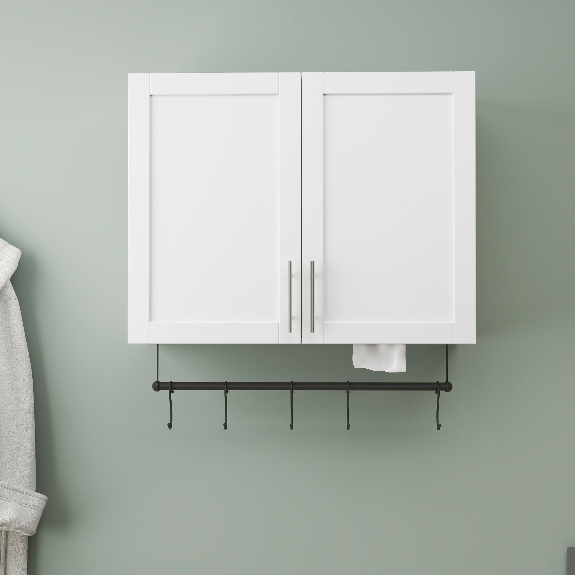 Bathroom Wall Cabinet Over Toilet Storage with Adjustable Shelf Towel Bar 5 Hooks, White
