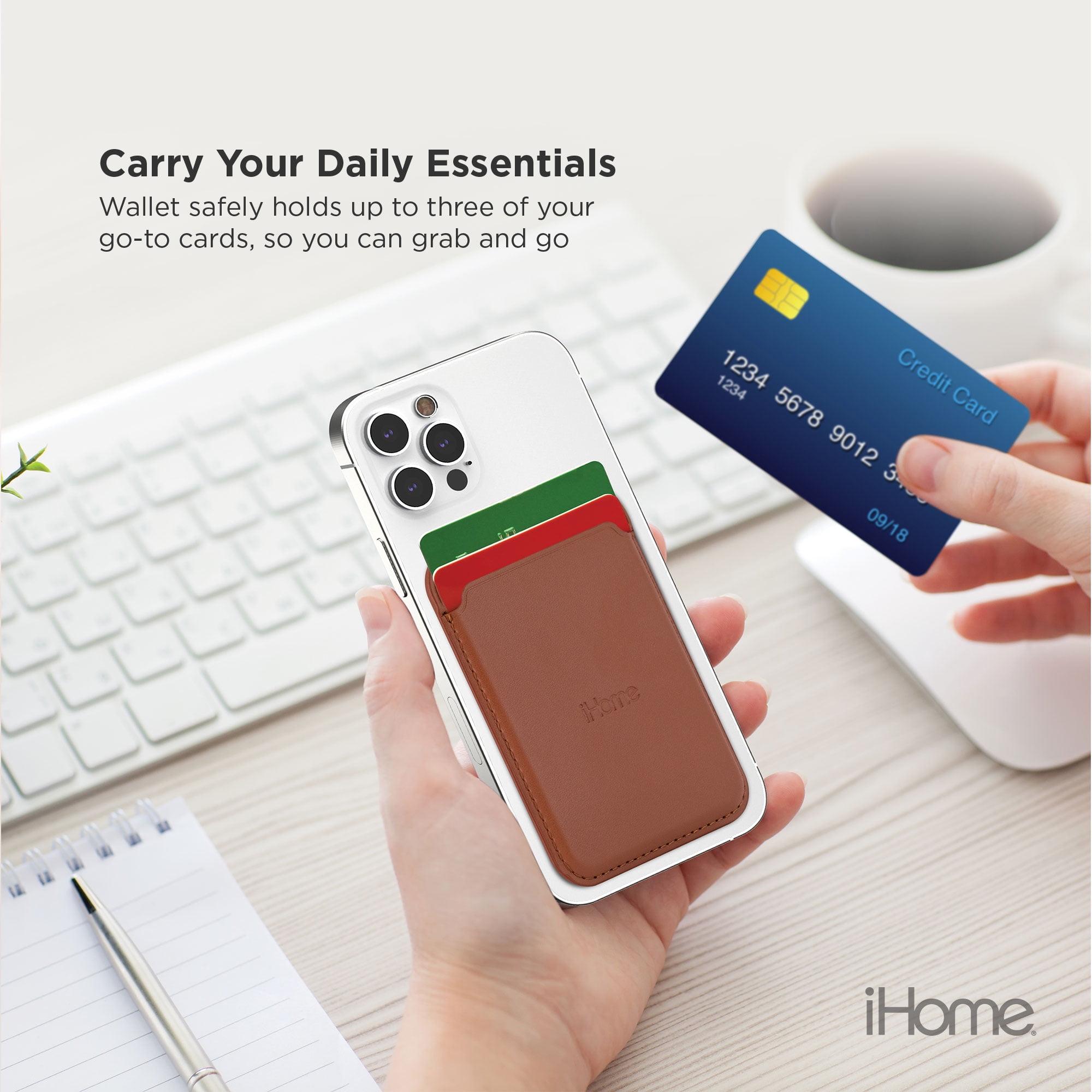 iHome Magnetic Vegan Leather Card Wallet: Premium Vegan Leather, Lightweight, Ultra Slim, MagSafe Compatible for iPhone 12 & 13 Series (Brown)