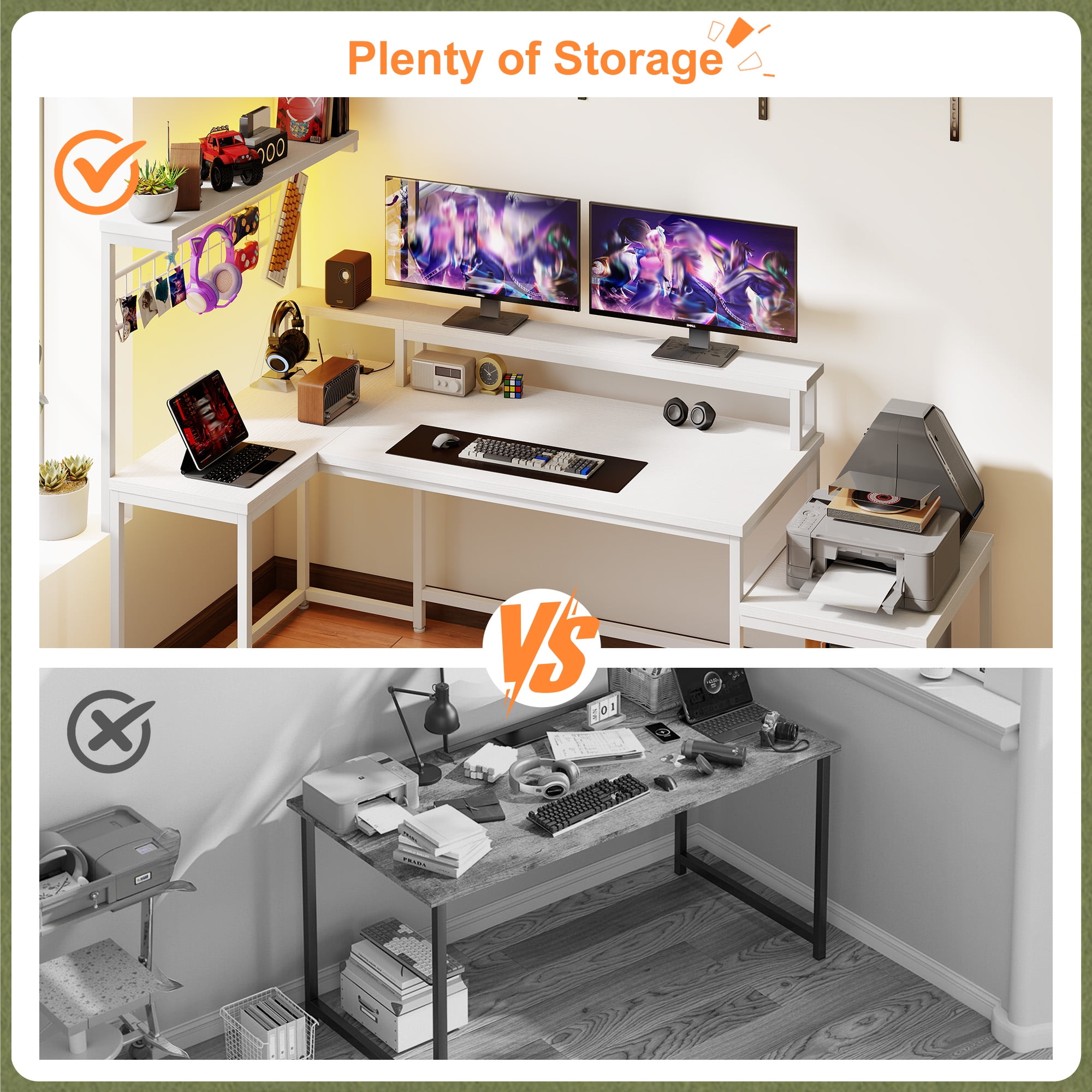 Romorgniz 55.6"W L Shaped Computer Desk with LED Lights & Power Outlets, Gaming Desk with Monitor Stand, Printer Stand & Storage Shelves for Home Office, White