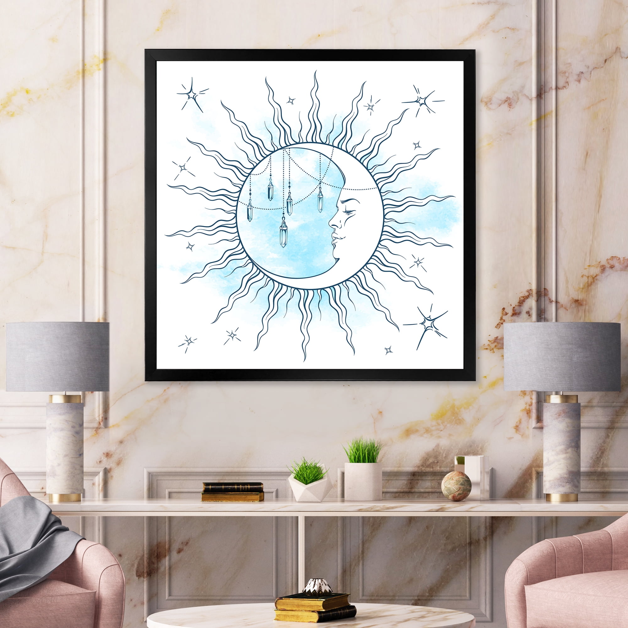 Blue Crescent Moon With Stars and Moonstone Pendants 36 in x 36 in Framed Painting Canvas Art Print, by Designart