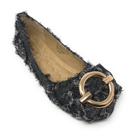 Victoria K Women s Round Buckle Patched Denim Ballerina Flats