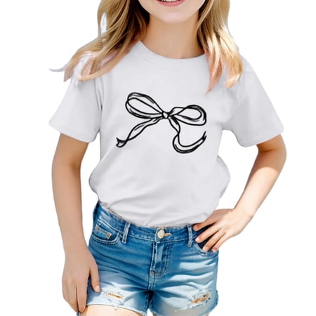 BOOMNY Girls Short Sleeve T Shirts Bowknot Graphic T-Shirts Loose Tee Tops Sizes 8-9 Years
