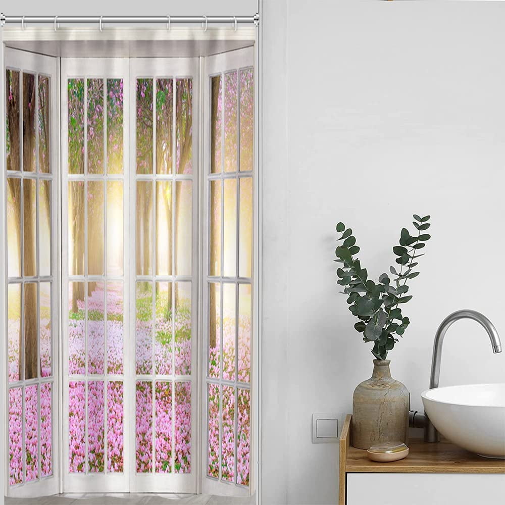 Stall Shower Curtain, 3D Window View of Spring Pink Floral Small Shower ...