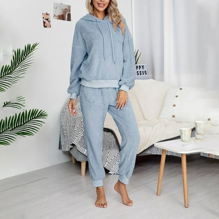 

ALSLIAO Womens Long Warm Fleece Pajamas Suit Winter Thermal Hooded Sleepwear Loungewear
