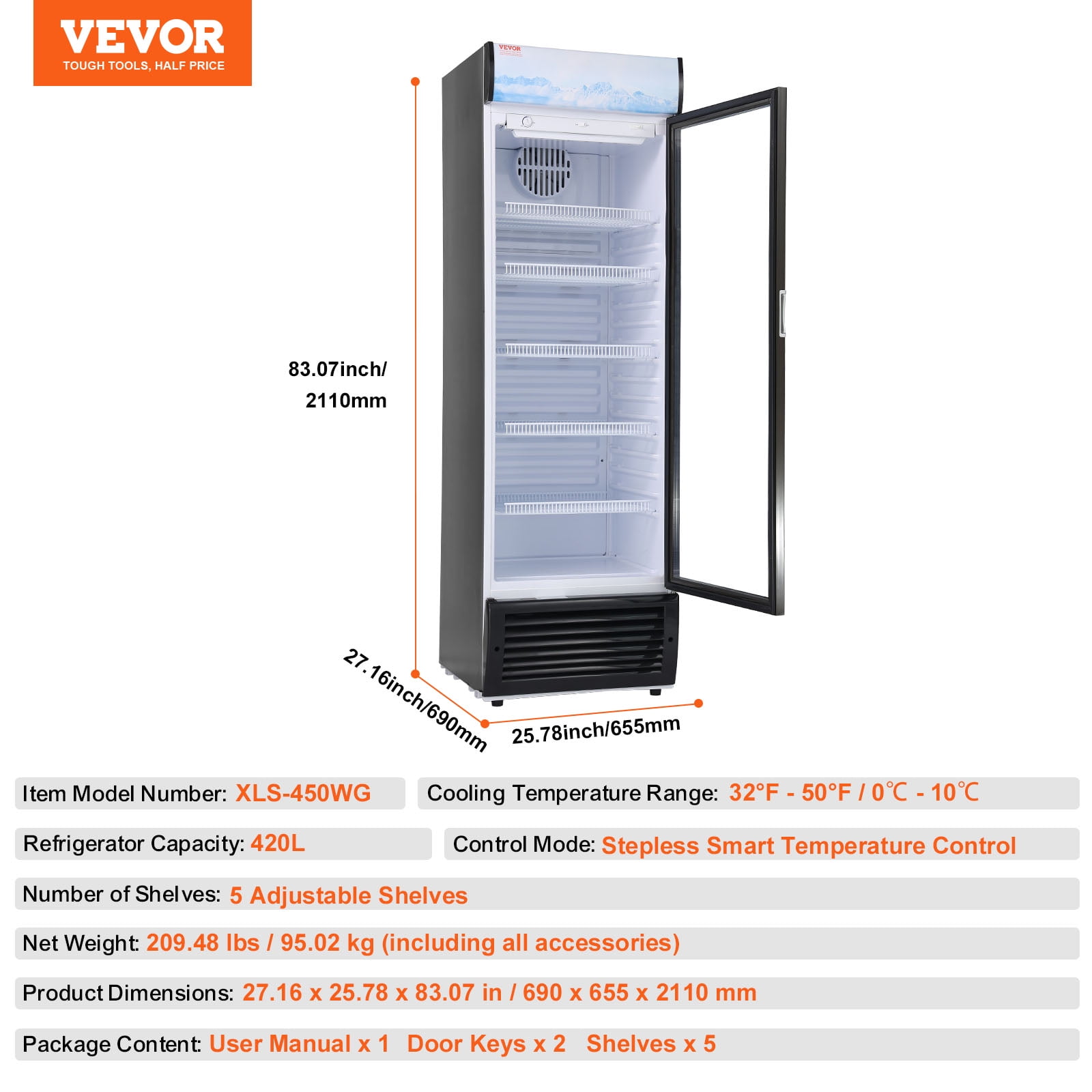 VEVOR Commercial Merchandiser Refrigerator,14.8 Cu.Ft / 420L Beverage Refrigerator Cooler Merchandiser,Glass Door Display Refrigerator Upright Fridge with 5 Adjustable Shelves,Customizable Lightbox