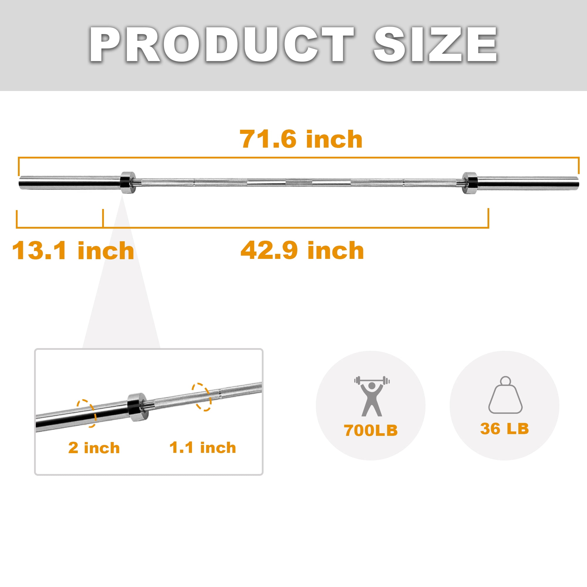 FlexWave Straight Olympic Barbell, Alloy Steel, 2-Inch Diameter, Silver Finish, 6FT