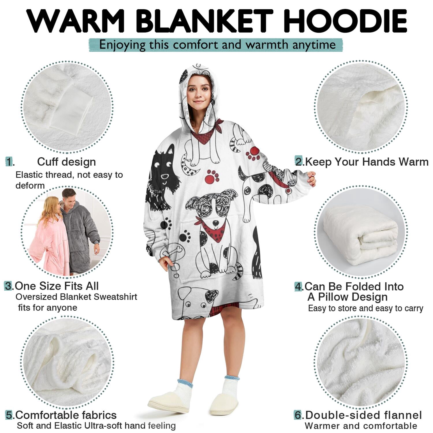 Scribble Dogs Wearable Oversized Blanket,Wearable Blanket Hoodie for Adults,Cozy Hooded Blankets with Super Pockets,Super Warm Fuzzy Pullover for Women & Men