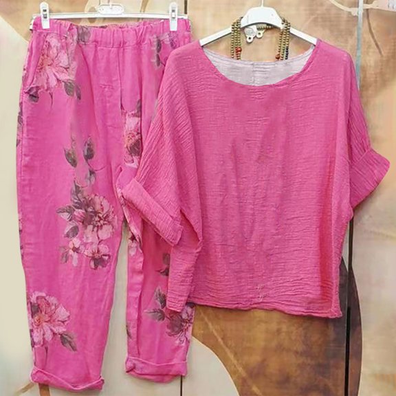 Homenesgenics Sweatsuits 2pcs Sets Womens Plus Size Summer Women's Print CrewNeck Long Sleeve Pullover Shirt Tops Pants Trousers Set