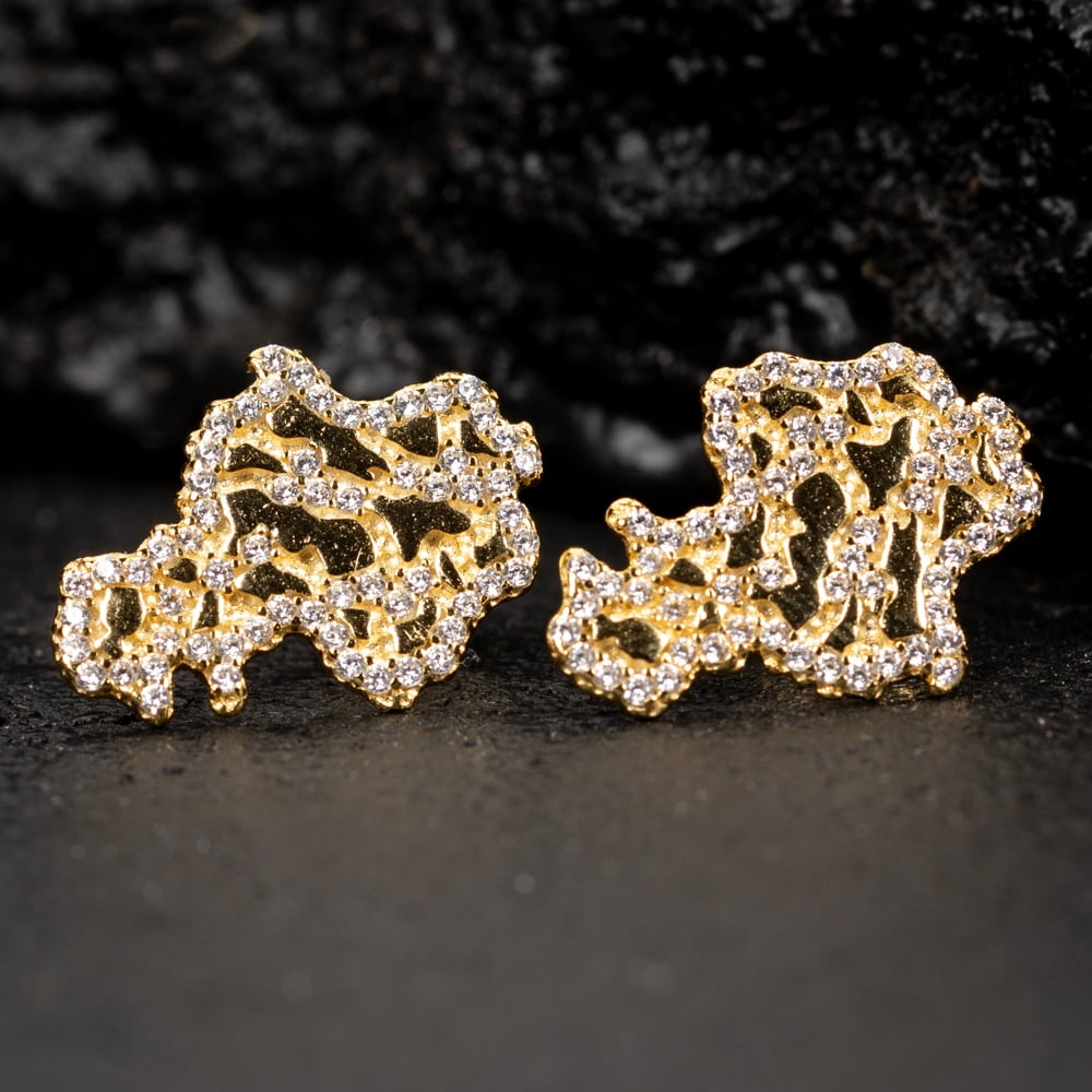 Retro 90's Hip Hop Solid 14K Yellow Gold Plated 925 Sterling Silver Screw Back Post Men’s Diamond Cut Stud Cz Iced Solid Nugget Earrings