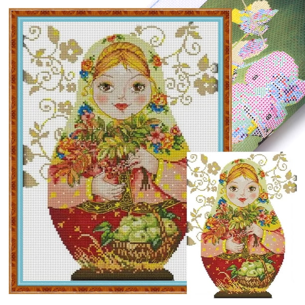 (C217) Hilo Algodón Ecológico Bordado No Manchú 14CT 2 Hebras Impresión 28*37 Cm Muñeca Matrioska Rusa (5) Kit Serie Dibujos Animados en Punto Cruz (borde Gancho)