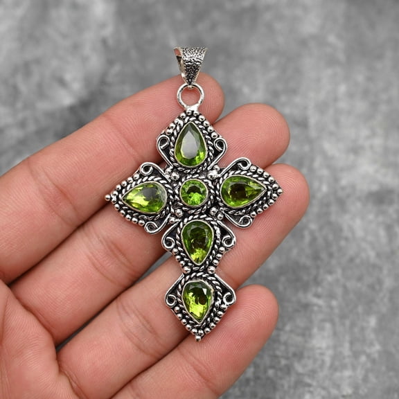 Peridot Pendant 925 Sterling Silver Polished Pendant Peridot Gemstone Pendant Cross Pendant Handmade Pendant Jewelry Peridot Jewelry Gifts for Her