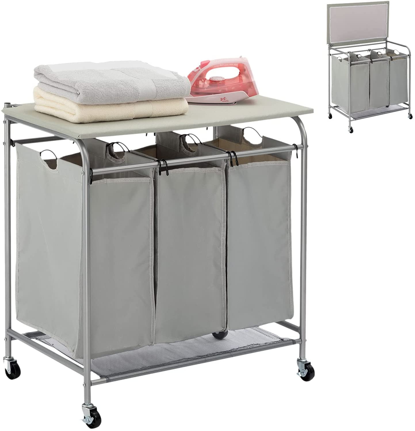 Details about   Rolling 3 Bin Laundry Room Sorter Hamper Bag Basket with Ironing Iron Board 