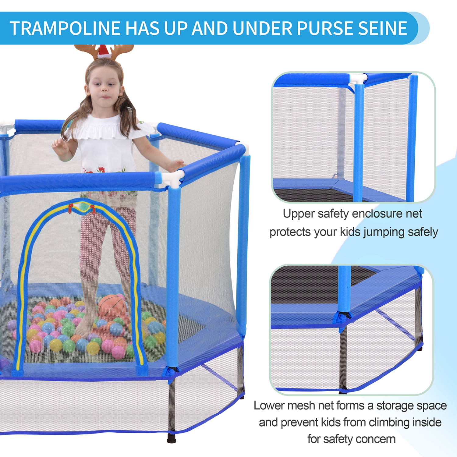 Kadyn 55" Toddlers Trampoline, Vinyl Jumping Trampoline with Safety Enclosure Net and Balls, Indoor Outdoor Mini Trampoline for Kids, Blue