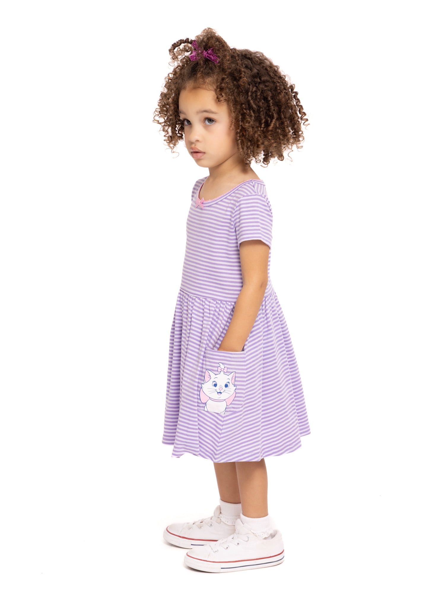 Disney Classics Marie Toddler Girl Short Sleeve Striped Dress with Graphic Pockets, Sizes 12M-5T