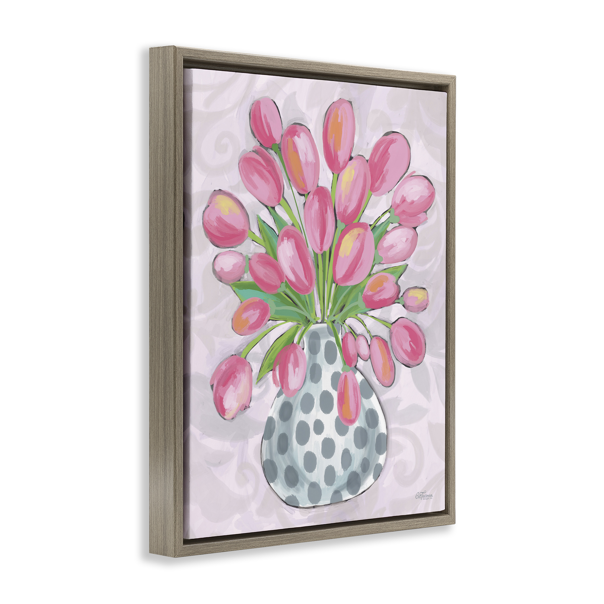 Stupell Industries Round Pink Tulips Botanical & Floral Painting Brown Floater Framed Art Print Wall Art, 25 x 31