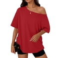 thumbnail image 4 of VJGBEGW Women Off The Shoulder Tops Oversized Short Sleeve Shirts Summer Casual Fashion Tees Red M, 4 of 9