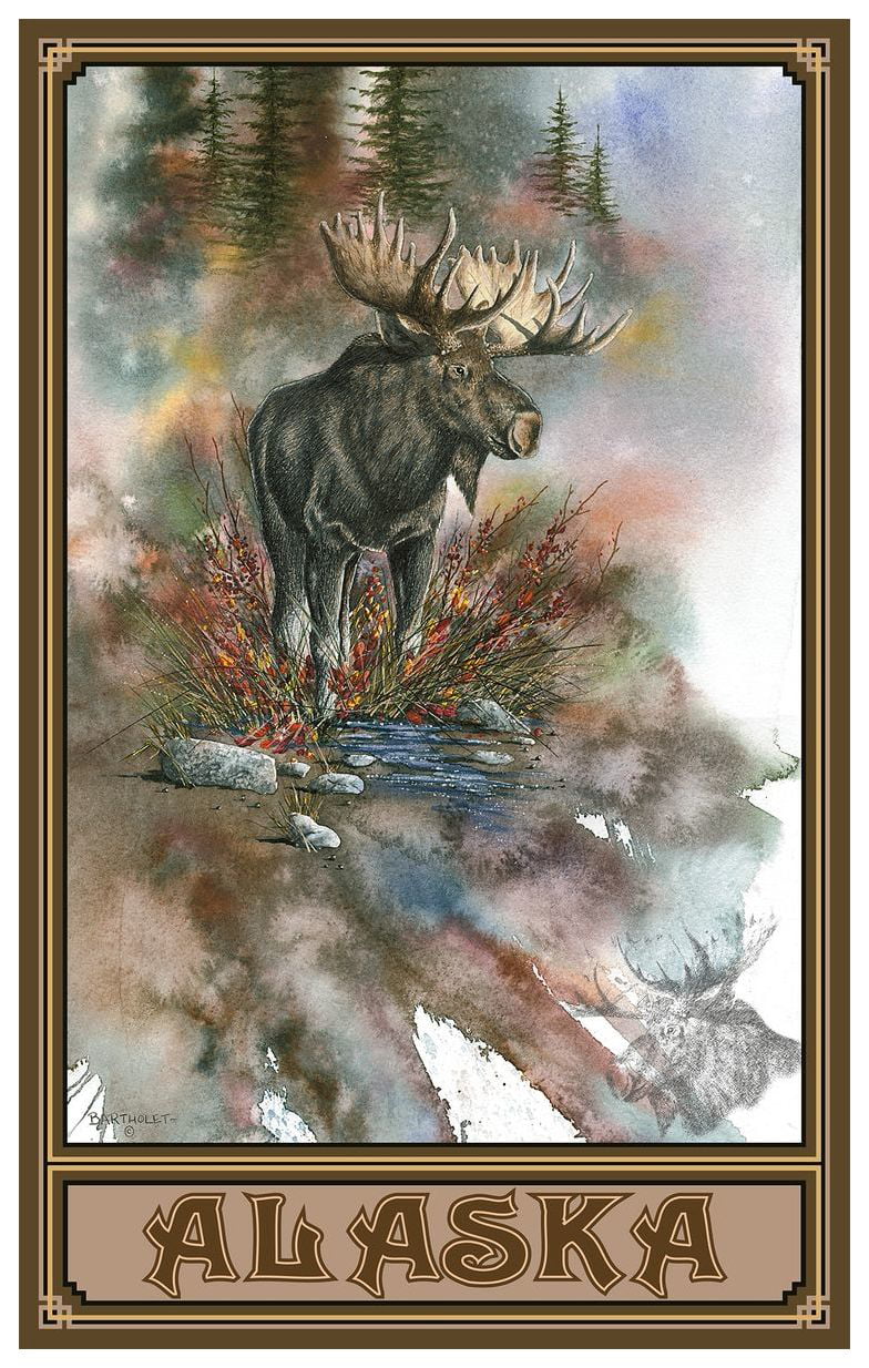 Alaska High Stepping Moose Giclee Art Print Poster from Original Watercolor by Artist Dave Bartholet