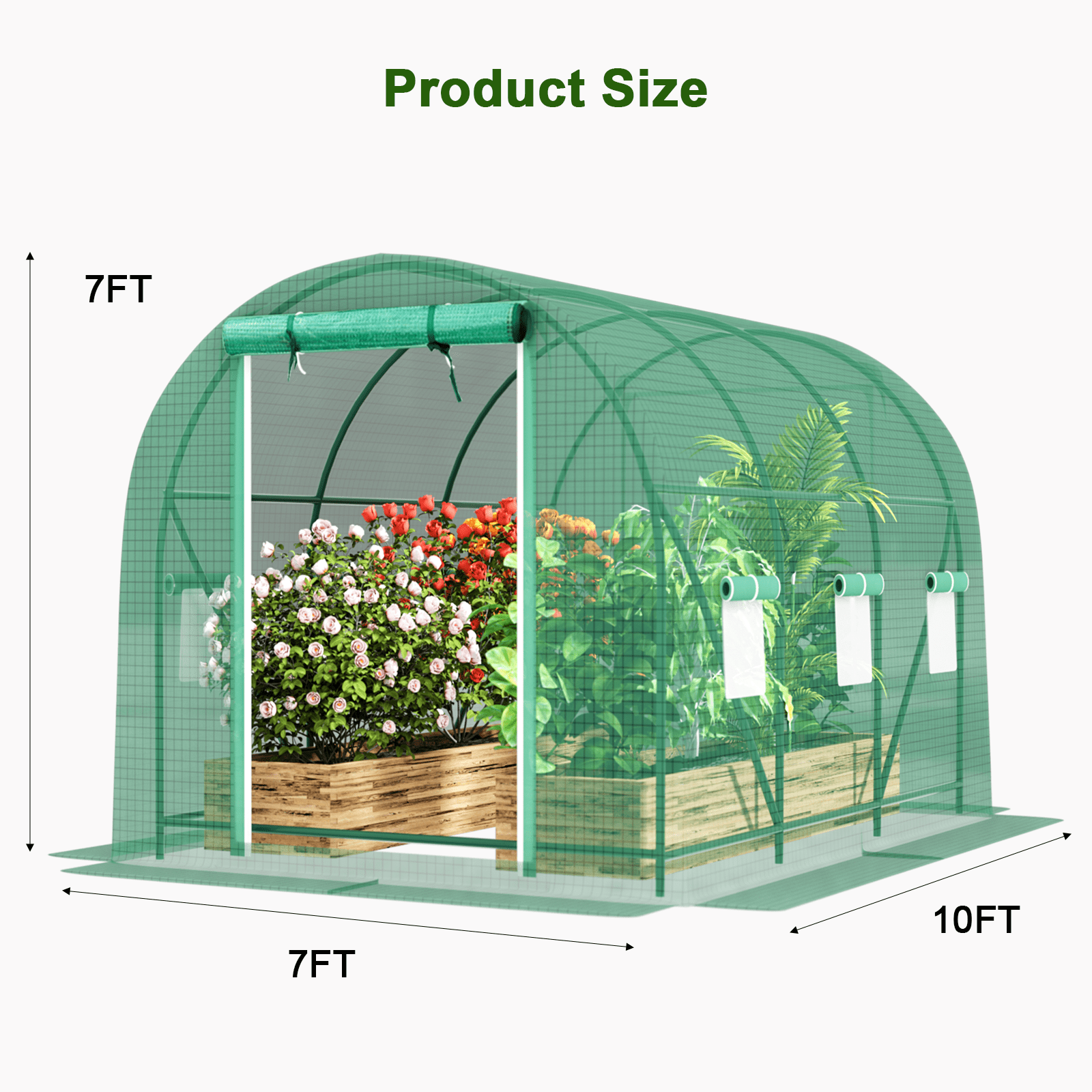 TANGJEAMER Walk-in Greenhouse 10x7x7 FT Upgraded Green House with Dual Zippered Screen Doors & 6 Screen Windows Heavy Duty Plastic Plant Warm House with Reinforced Frame