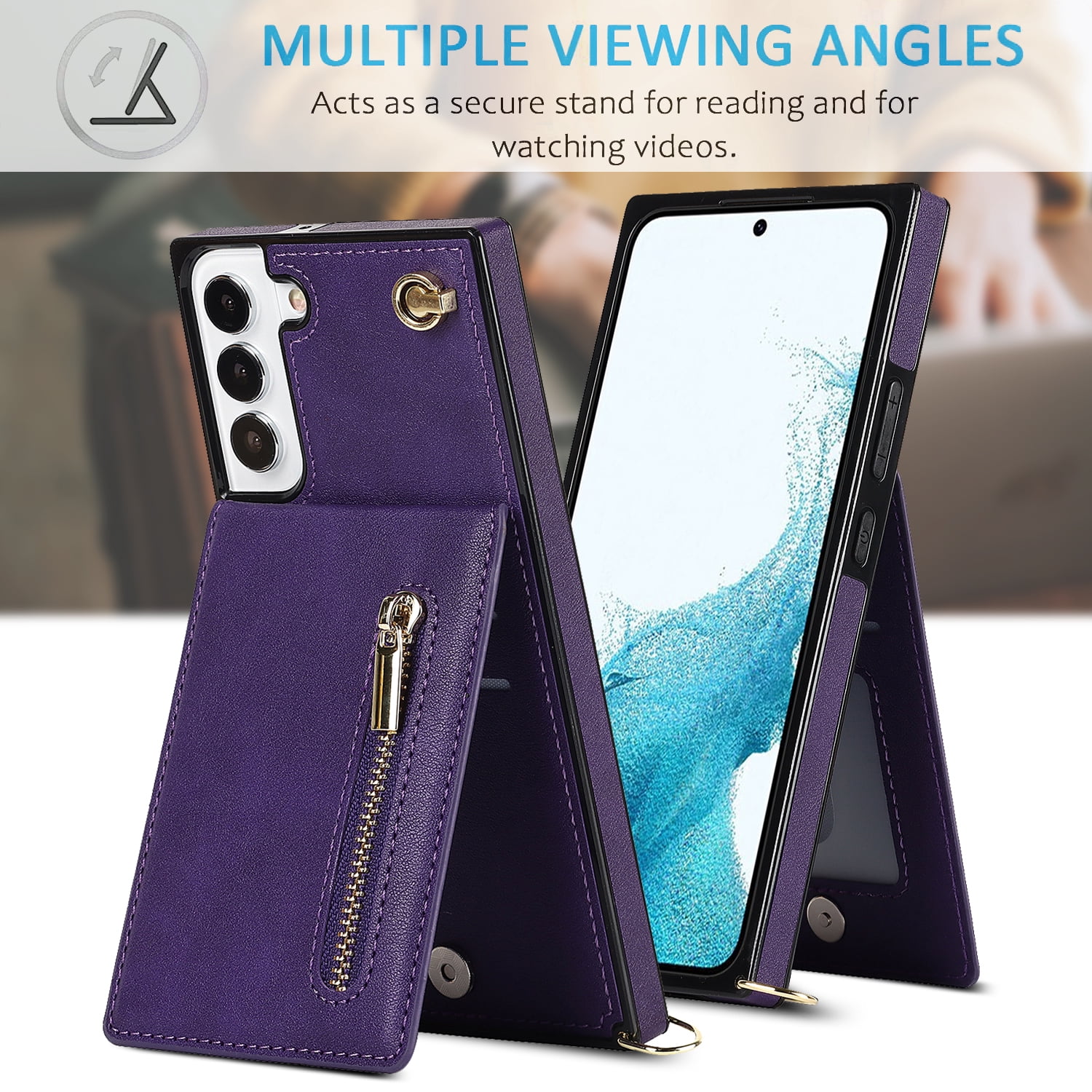 Dteck Flip Leather Wallet Case for Samsung Galaxy S24 Plus, Crossbody Wallet Case with Credit Card Holder Zipper Pocket Lanyard Shoulder Strap, Kickstand Phone Cover for Samsung S24 Plus,Purple