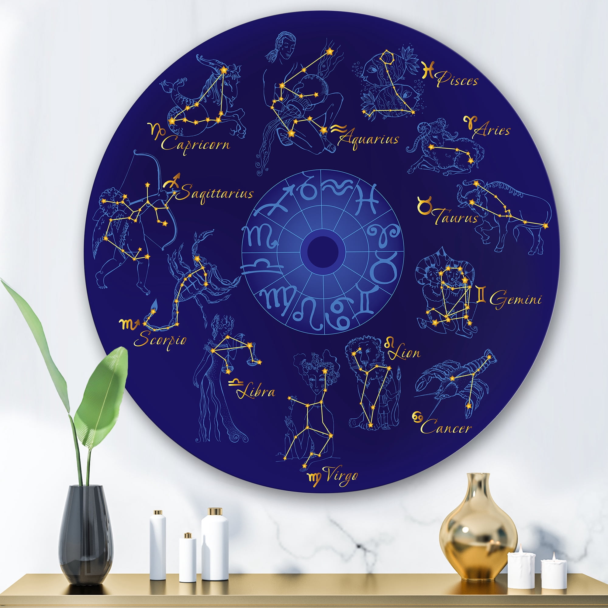 Designart 'Zodiac Signs and Zodiac With Constellations' Modern Circle Metal Wall Art 29x29 - Disc of 29