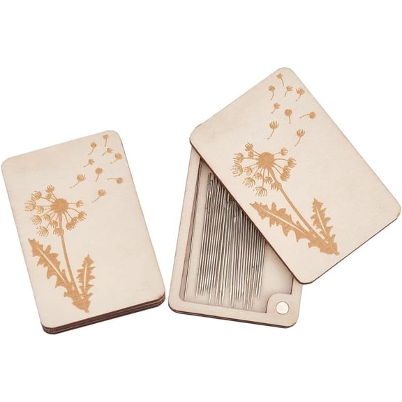 2 pcs Wooden Needle Box Sewing Needle Storage Box Sewing Pins Organizer with Dandelion Print For Quilters Sewers Tailors White3.15"x1.97"x0.14"