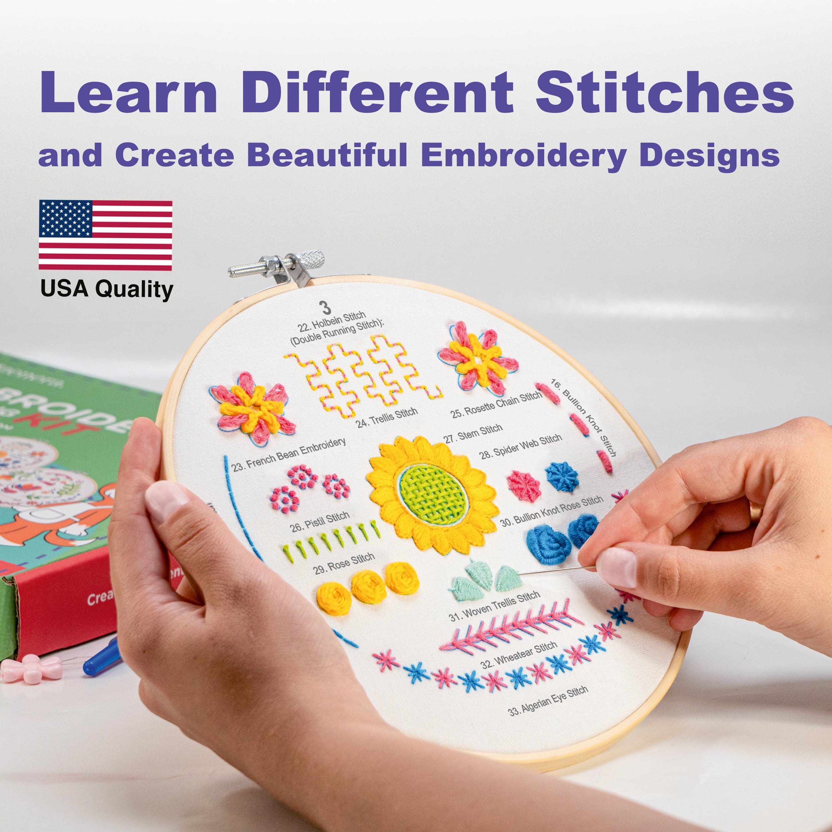 aZenera Embroidery Kit for Beginners - Learn 33 Stitches with Video Instructions, Cross Stitch Tutorials, Hoop, 4 Pattern Designs