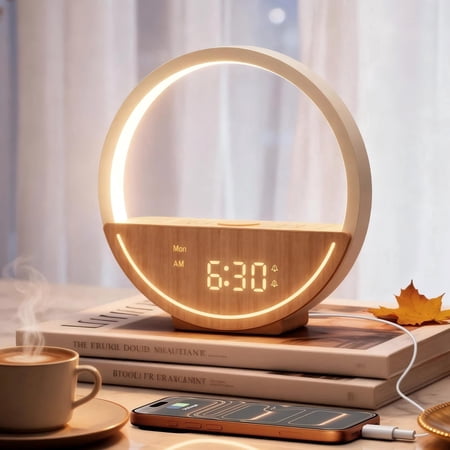 Sunrise Alarm Clock with White Noise Machine, 20 Soothing Sounds, Wake up Light & Dimmable Night Light for Sleep Better, Wood Grain