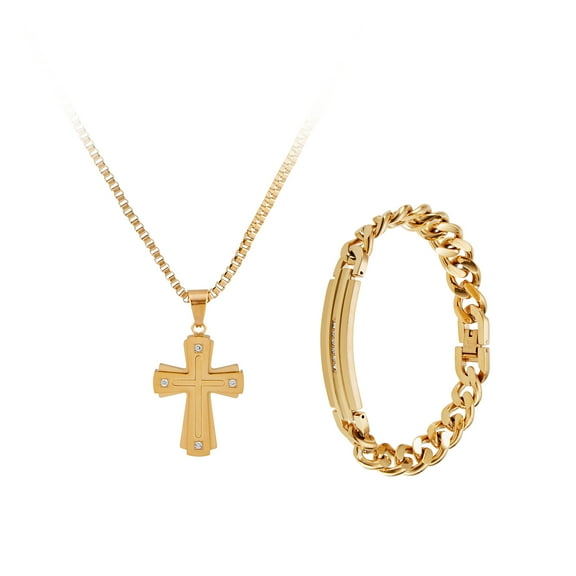 American Exchange Men's Metal Cross Pendant Necklace & ID Tag Bracelet Set, Gold Tone