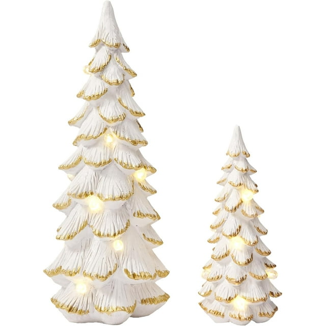 Christmas Tree with Lights 2PCS White Gold Tabletop Trees Decor Light Up Resin Xmas Tree for Holiday Desk Centerpieces, House Office Mantel Display