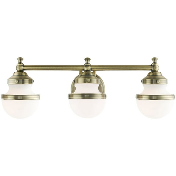 24 inch 3 Light Antique Brass Bathroom Vanity light fixture with White Glass Shade
