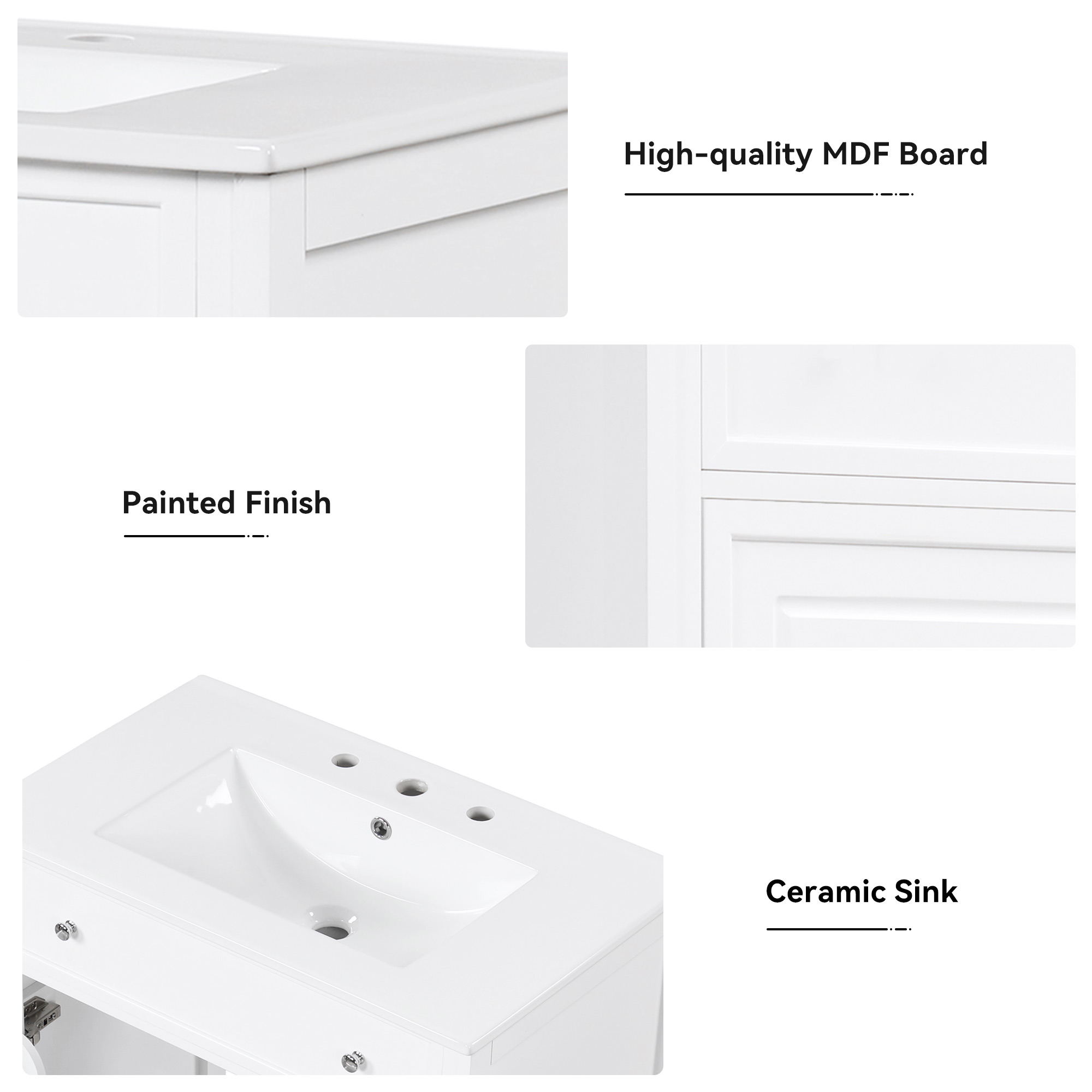 Euroco 24'' Bathroom Vanity with Ceramic Sink, Door Shelf, 2 Drawers and 1 Cabinet, Painted Finish, Solid Wood & MDF