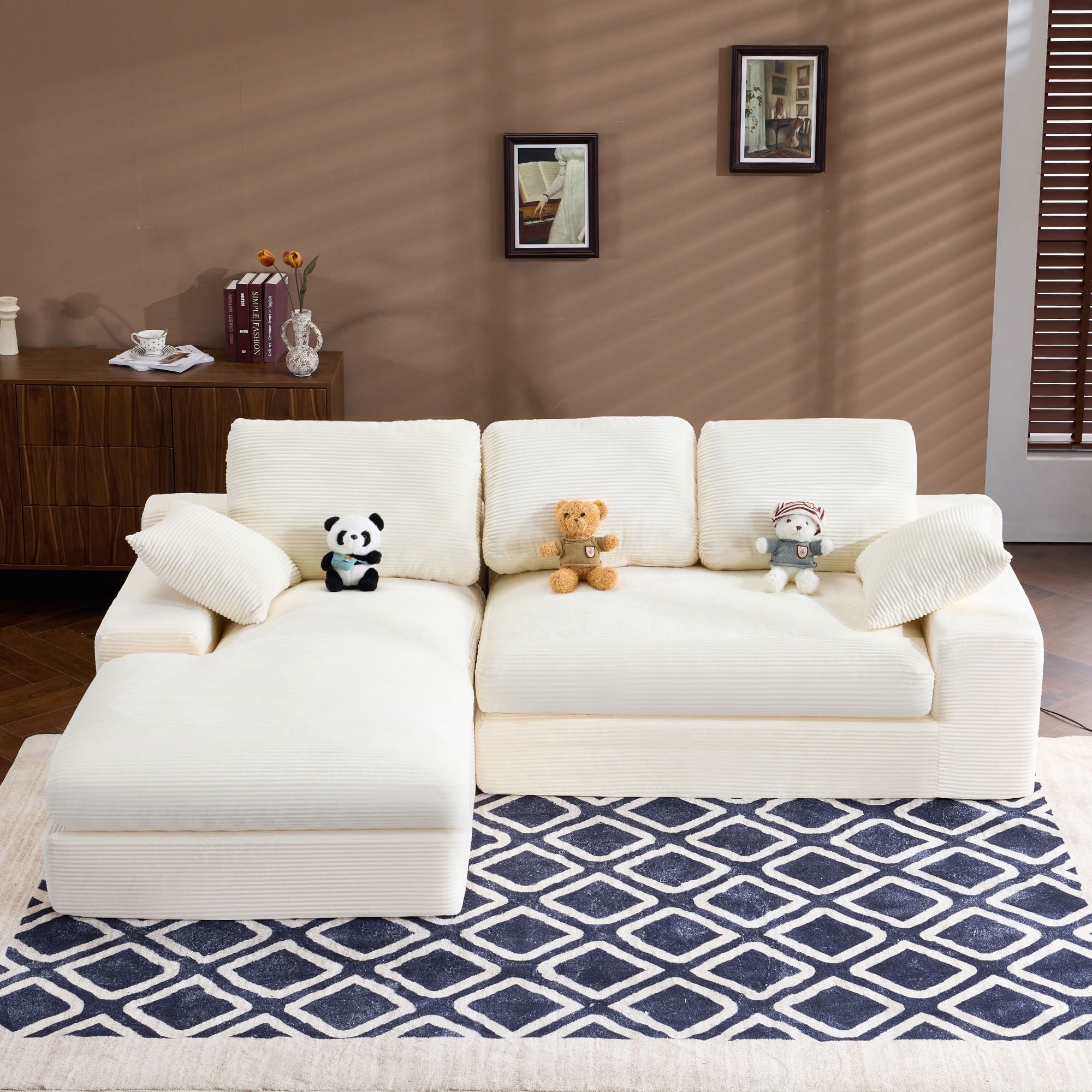MAYEERTY L-Shaped Corduroy Sectional Sofa with Chaise Lounge, Compressed No-Assembly Couch with 3 Back Cushions & 2 Throw Pillows, for Apartment Living Room Small Spaces