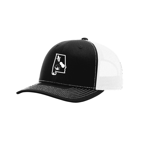 It's All About The South Alabama State Outline With Crops Mesh Back Trucker Hat-Black/White