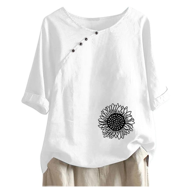 Blusas de Manga Corta para las Mujeres Impresas Cuello Redondo Camiseta Casual, Blusa de Algodón de Imitación para las Mujeres