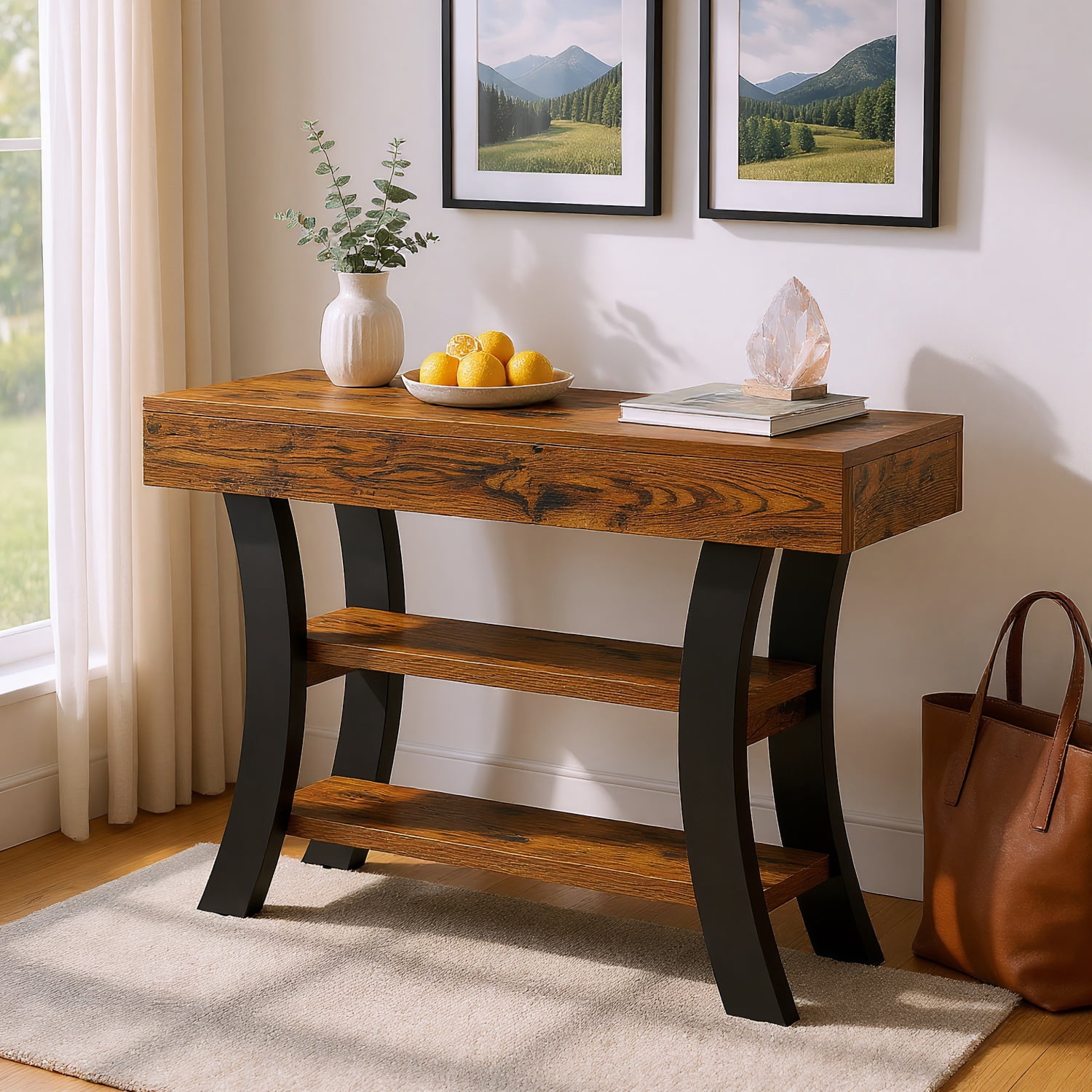 Spaco Industrial Rustic Console Table with Shelves and Metal Curved Legs, Entryway Sofa Side Table for Indoor as Living Room, Bedroom, Brown