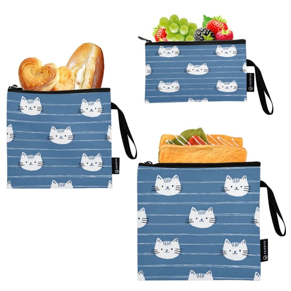 3 Pack Reusable Food Storage Bags Eco-Friendly Food-Grade EVA Film Material Suitable for Lunches Picnics Travel and Work Cat Face Seamless Pattern
