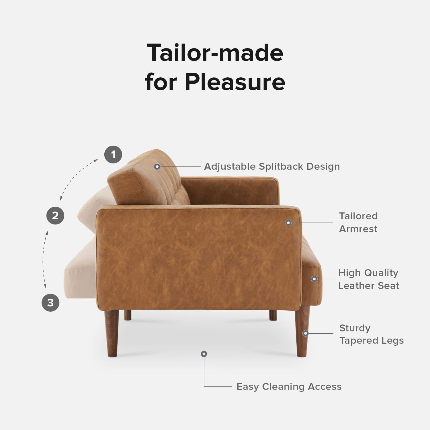Mopio Aaron Mid Century Modern Faux Leather Convertible Futon 77.5" (Pecan Brown)