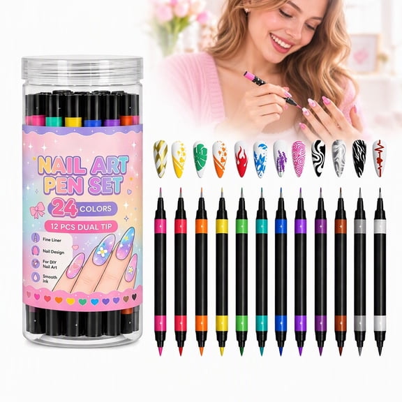 24 Colors Nail Art Pens Set, Dual Ended Nail Art Markers with Fine & Brush Tips, Nail Design Tools for Manicure Decoration(1park)