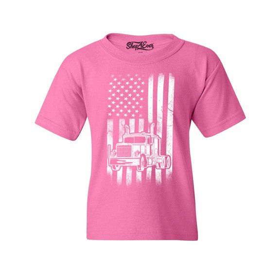 Shop4Ever Kids Trucker American Flag USA Graphic Child's Youth T-Shirt Small Azalea Pink