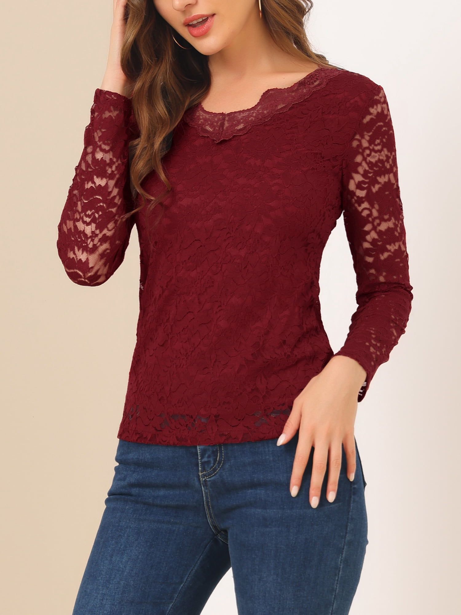 DARING DIVA Floral Lace Shirt Lace Scalloped Trim Blouse M Burgundy