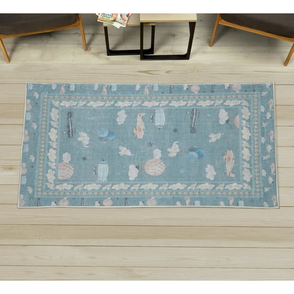 Cartoon Decorative Rug, Vintage Air Planes Hot Air Balloons Flying Happy Animal Clouds and Stars, Quality Carpet for Bedroom Dorm and Living Room, 6 Sizes, Baby Blue, by Ambesonne