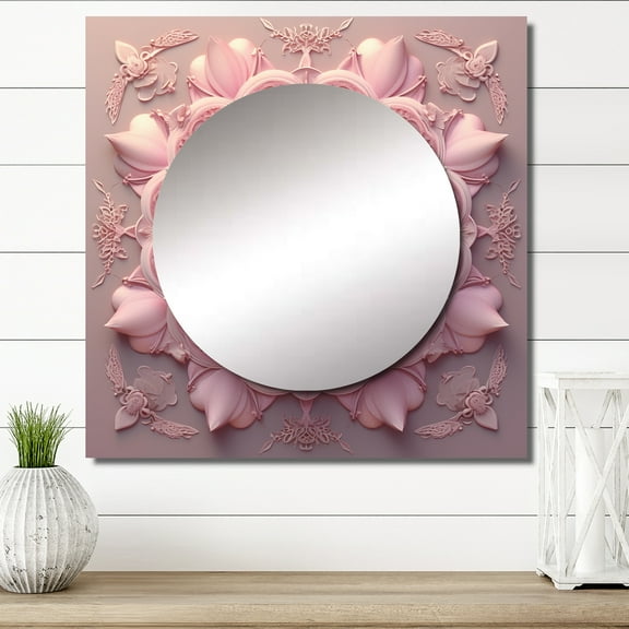 Designart "Fragile Pink Lotus Floral Mandala II" Boho Mandala Square Mirror Wall Decor Traditional - Large Pink Square Bathroom Mirror - Square Printed Wall Mirror Art