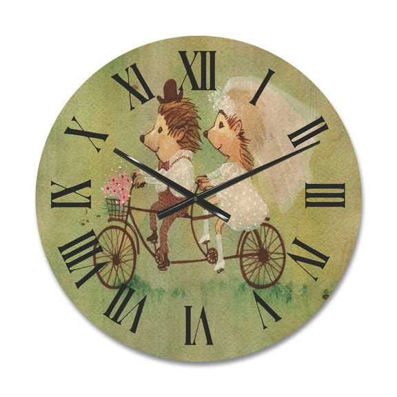 Designart 'Wedding Couple of Hedgehogs Riding A Bike' Traditional Wood Wall Clock
