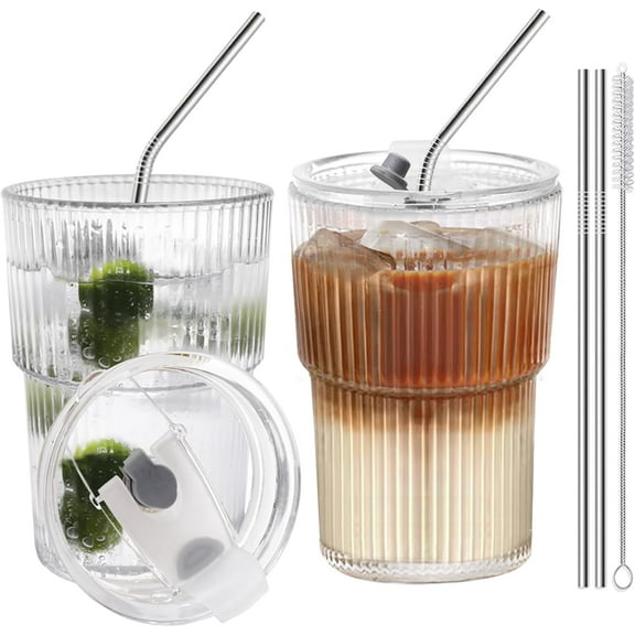 Januofit Iced Coffee Cups With Lids and Straws 2 Pcs, 16 OZ Unbreakable Glasses Drinking Set, Glass Cups Reusable Iced Coffee Tumbler with Lid and Straw, To Go Coffee Cups Dishwasher Safe