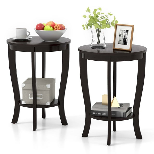 Costway 2 PCS 2-Tier End Table 18" Round Compact Sofa Side Nightstand with Storage Shelf Espresso