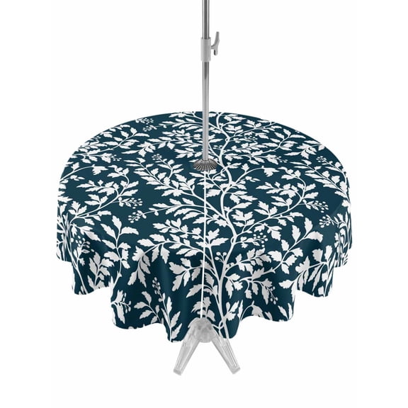 Outdoor Tablecloths with Umbrella Hole & Zipper, Navy Blue Spring Floral Round Tablecloth 54 Inch, Farmhouse Flowers Elegant Pastoral Waterproof Table Cloth, Patio/Pool/Picnic Table Covers