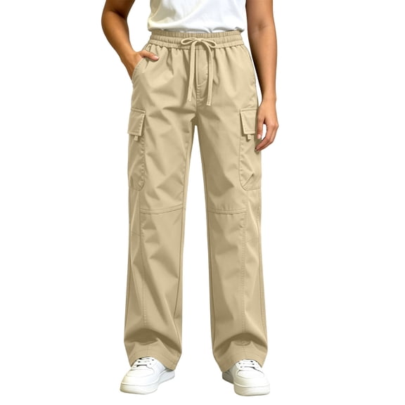 XuJwPNcy Cargo Pants Women Elastic Waist Straight Leg Trousers with Pockets Athletic Hiking Pants for Fishing Travel(Khaki,X-Large)