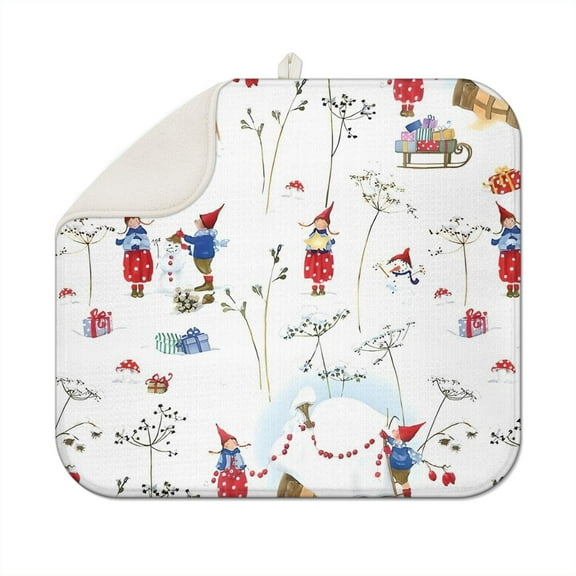 White Christmas Gnome Pattern Dish Drying Mat for Kitchen 1 Pack, Ultra Absorbent Microfiber Dishes Drainer Mats,16x18in(41x46cm)