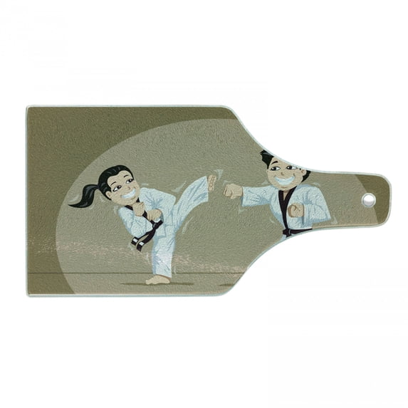 Karate Cutting Board, Children Perform Karate Martial Arts Sports Cartoon, Decorative Tempered Glass Cutting and Serving Board, in 3 Sizes, by Ambesonne