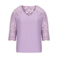 thumbnail image 4 of Yyeselk Women Casual Summer Blouses Short Sleeves Sexy V-Neck T-Shirt Pure Color Crochet Eyelet Patchwork Lace Mesh Splicing Pullover Tops Purple XXXXXL, 4 of 6